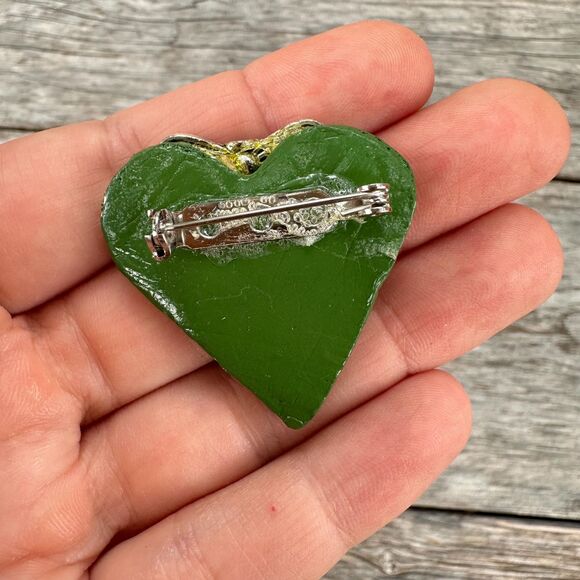Vintage Jewelry Artisan Designed Green ceramic Heart brooch pin - Picture 2 of 2